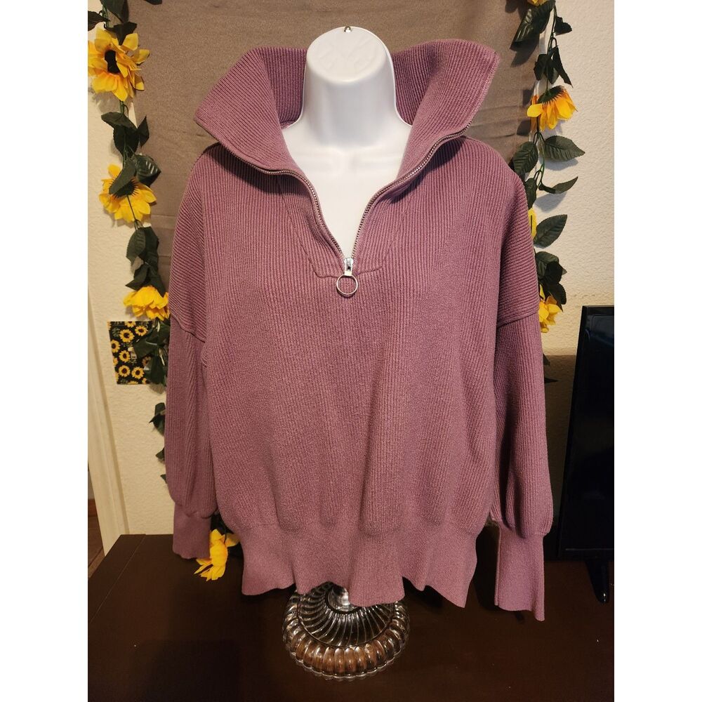 Women's Mauve Pink Ribbed Knit 1/4 Zip Pullover Sweater Size L Oversized Collar
